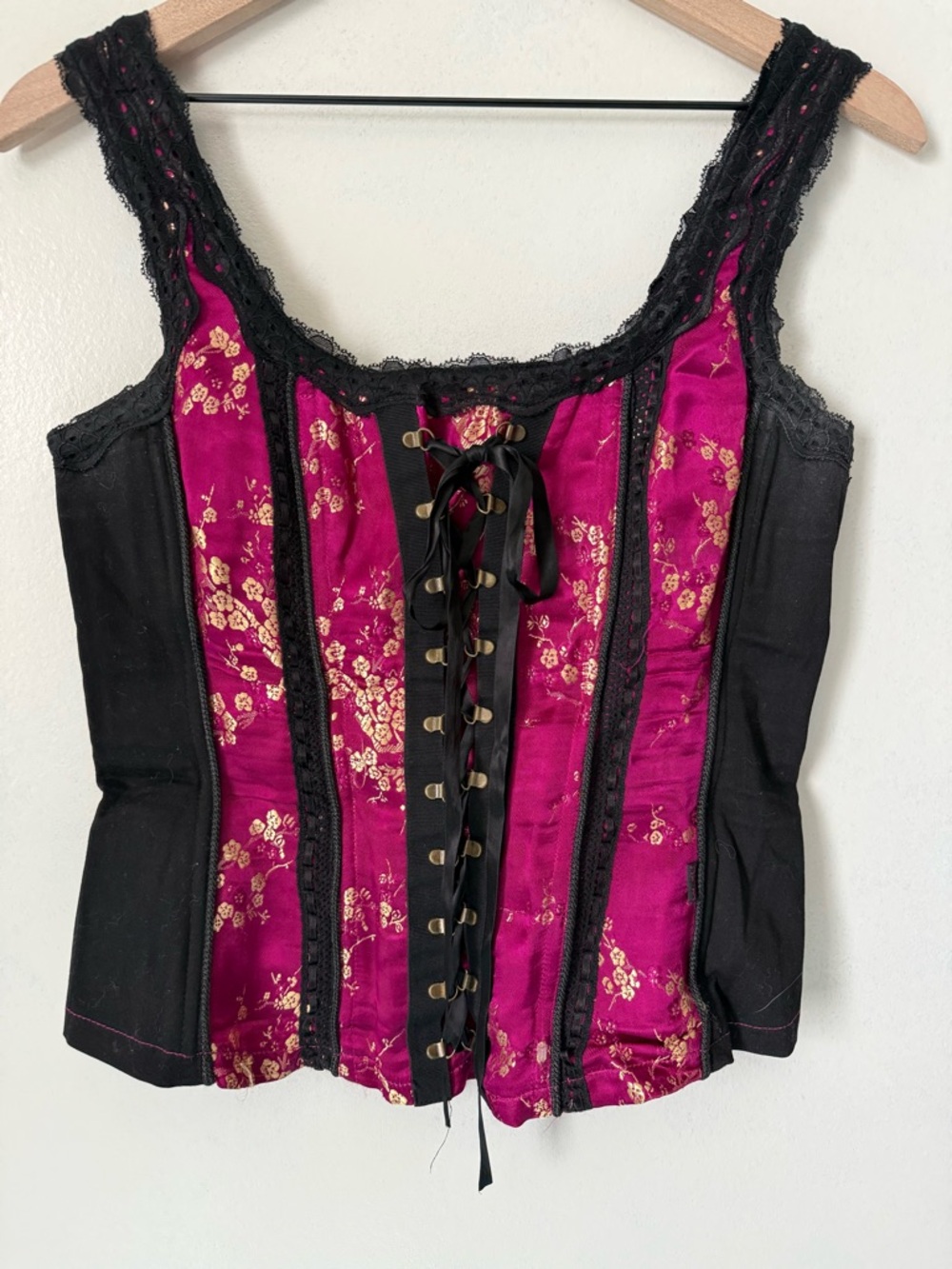 Tripp NYC Y2K Black and Fuchsia Floral Lace-Up Corset